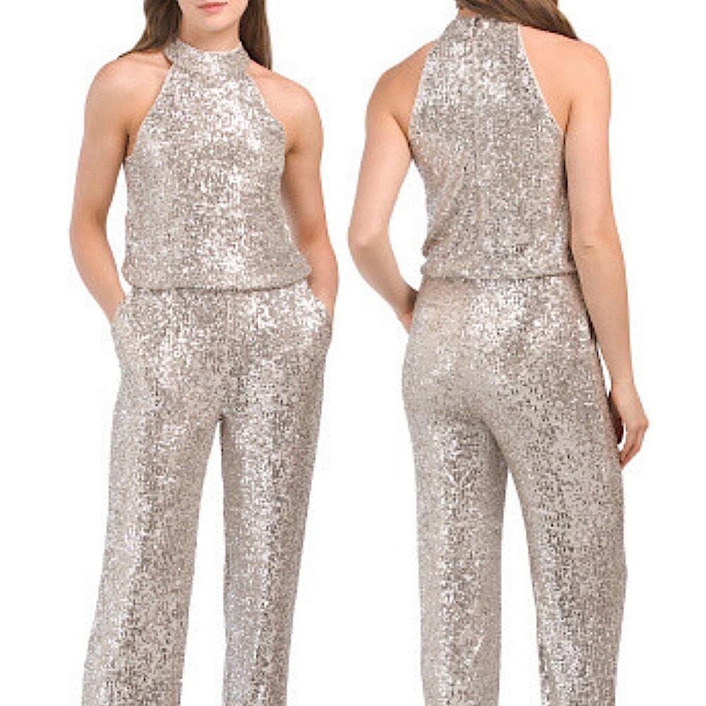 Cable and Gauge Halter Sequin Jumpsuit